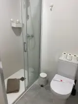 Baño privado de la habitación con ducha de cristal, inodoro y papel higiénico sobre la cisterna